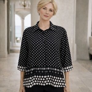 Ali Miles Womens Medium Polka Dot Button Up Blouse Black White retro career VTG